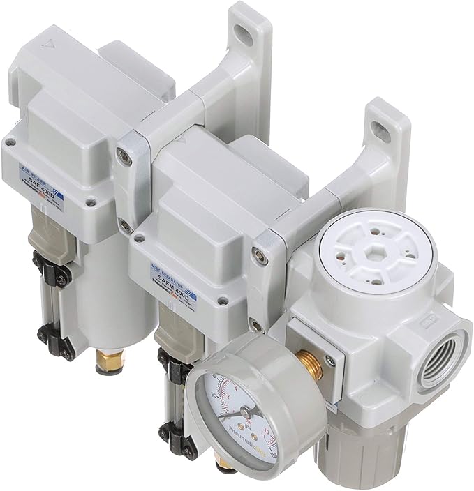 PneumaticPlus SAU430-N06DG-MEP Three Stage Air Drying System Particulate Air Filter, Coalescing Filter, Air Pressure Regulator Combo 3/4" NPT - Metal Bowl, Auto Drain, Bracket, Gauge - AquaVibe