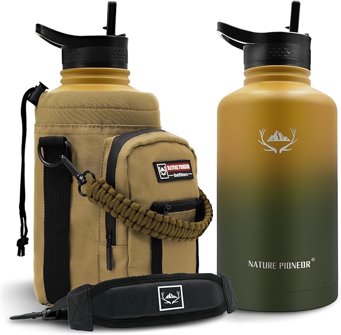 NATURE PIONEOR Insulated Water Bottles with Straw - 64oz Stainless Steel Vacuum Bottle with Holder/Carrier/Sleeve - Reusable 18/8 Food Grade Half Gallon Water Jug