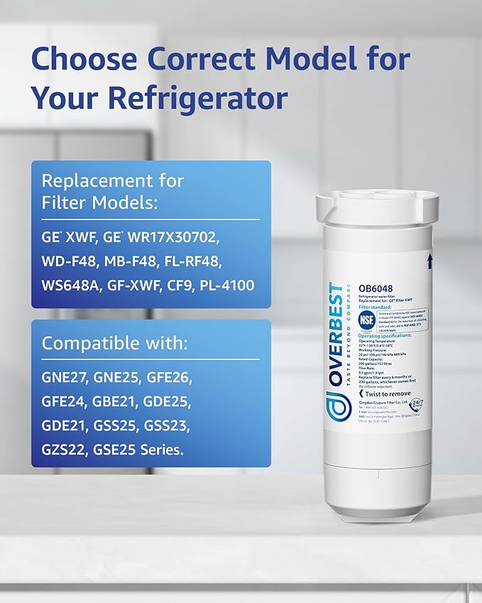 Overbest XWF Refrigerator Water Filter, Replacement for GE® WR17X30702, NSF 42/372 Certified, Compatible with GE® GNE27, GFE26, GDE25, GSS25, PSE25 Series Refrigerators, 3-Pack (No-chip)