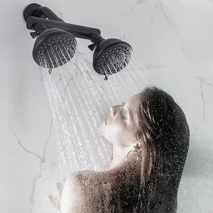 High Pressure Double Shower Head with Shut-Off Valve and Shower Arm Set Solid Brass Casting Dual Outlet Manifold Dual Shower Fixed Head 3 Function Shower Heads Sprayers, Matte Black