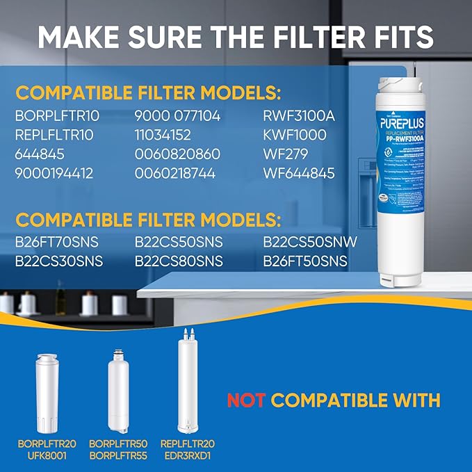 PUREPLUS 9000194412 Refrigerator Water Filter Replacement for Bosch Ultra Clarity BORPLFTR10, REPLFLTR10, 644845, B26FT70SNS, B22CS30SNS, B22CS80SNS, B22CS50SNS, Haier 0060820860, 3PACK