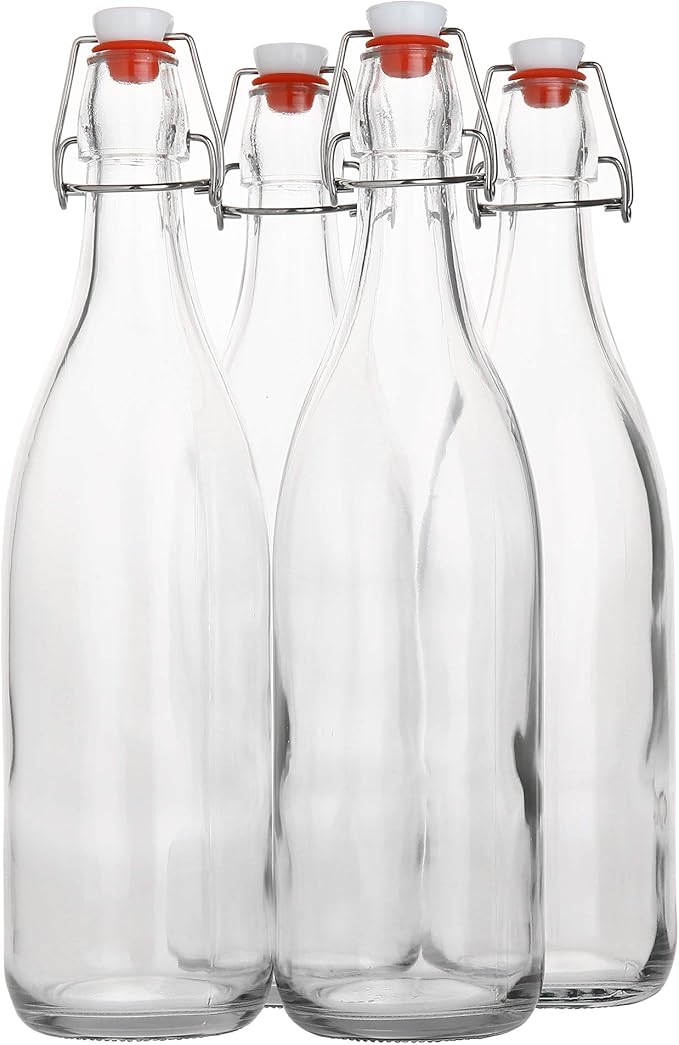 AYL Flip Top Glass Bottle [1 Liter / 33 fl. oz.] [Pack of 4] – Swing Brewing Bottle with Stopper for Beverages, Oil, Vinegar, Kombucha, Water, Soda, Kefir – Airtight Lid & Leak Proof Cap – Clear