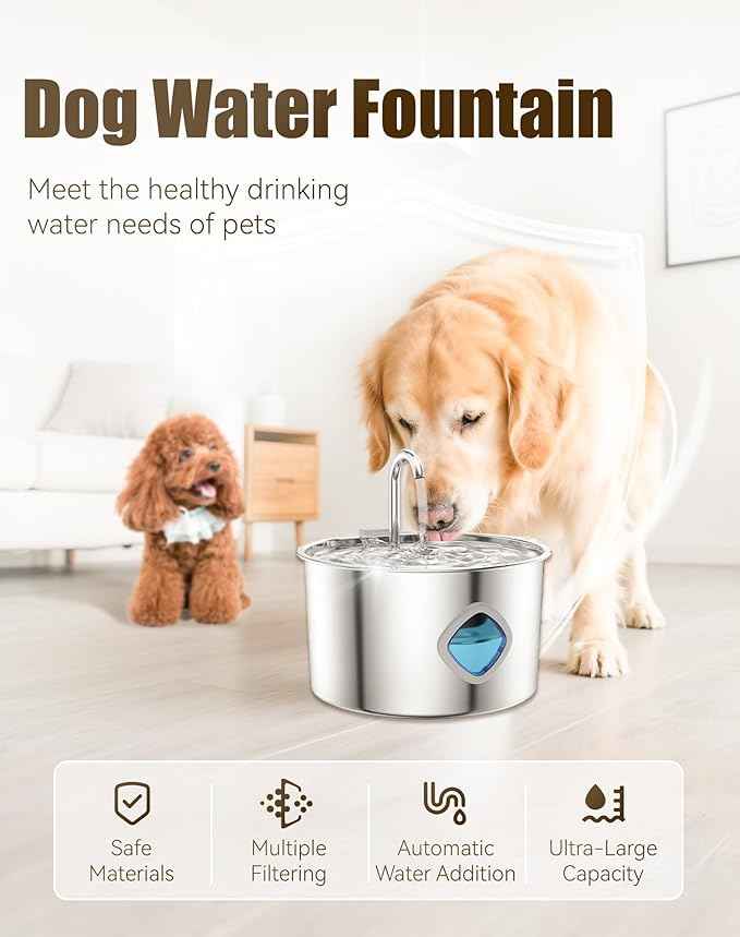 Dog Bowl for Small Dogs (with 10 Filter, 3.2L/108Oz) Stainless Steel Quiet Dog Water Bowl with Visual Water Level & Quadruple Filtration for Pets(1PCS+10 Filter, 1)