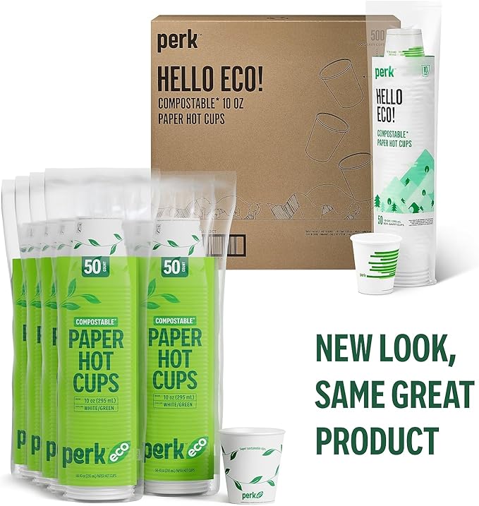 Perk Eco Compostable Paper Hot Cups, 10 Oz Disposable Cups for Hot Beverages, White/Green