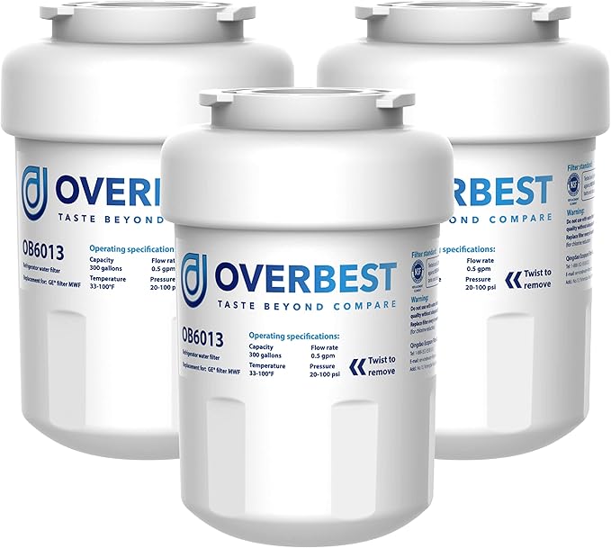 Overbest OB6013 Replacement for GE® MWF®, Smartwater® MWFP, MWFA, GWF, HDX FMG-1, WFC1201, GSE25GSHECSS, Kenmore® 9991, RWF1060 Water Filter, 3 Filters - AquaVibe