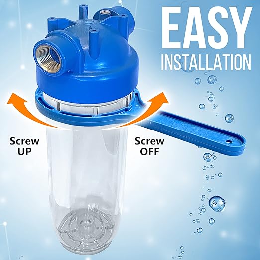 10 Inches European Design Transparent Standard Whole House Water Filter System with Presser Relief Valve, 3/4” Inlet/Outlet Brass Port and Yearly Supply (4) Wound Spring Sediment Cartridges 5 Micron