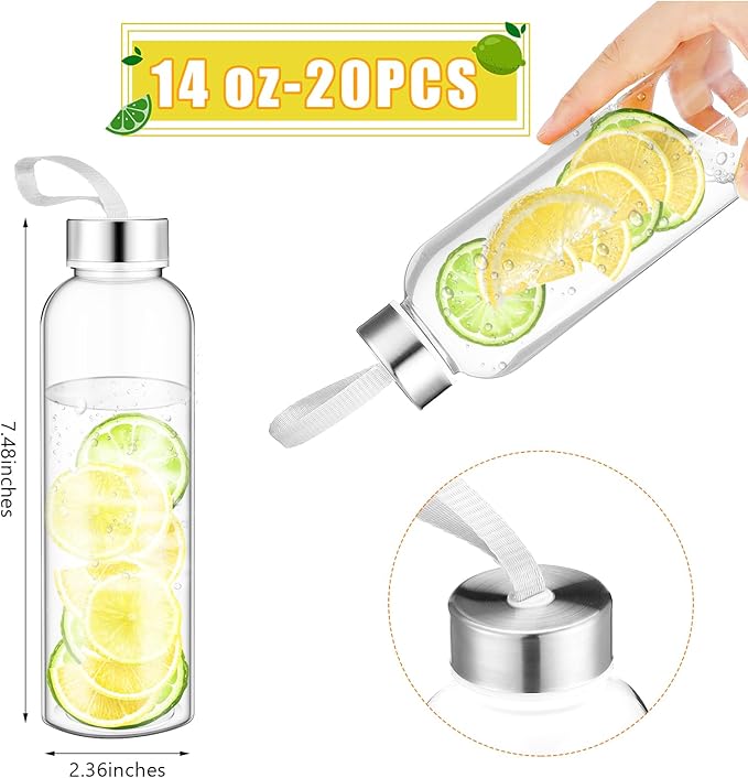 Zubebe Reusable Clear Water Bottles Bulk with Stainless Steel Leak Proof Lids Sports Bottles with Nylon Camying Strap for Party Gift Water Milk Smoothie Juice Beverage