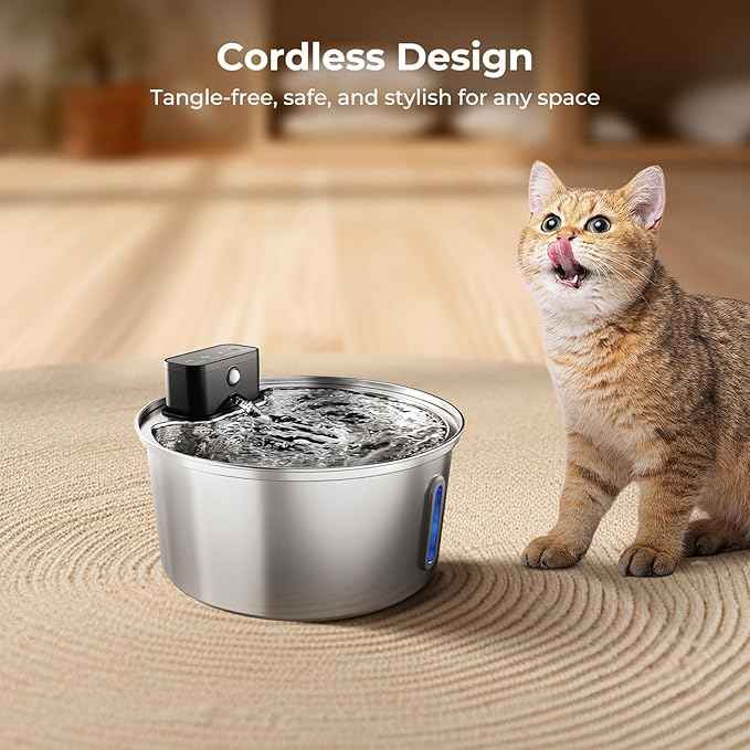 Wireless Stainless Steel Pet Water Fountain, 3.2L/108oz Automatic Cordless Water Dispenser with 3 Smart Modes, Ultra Quiet Pump, Rechargeable Battery, Multi-Filtration for Cats & Dogs