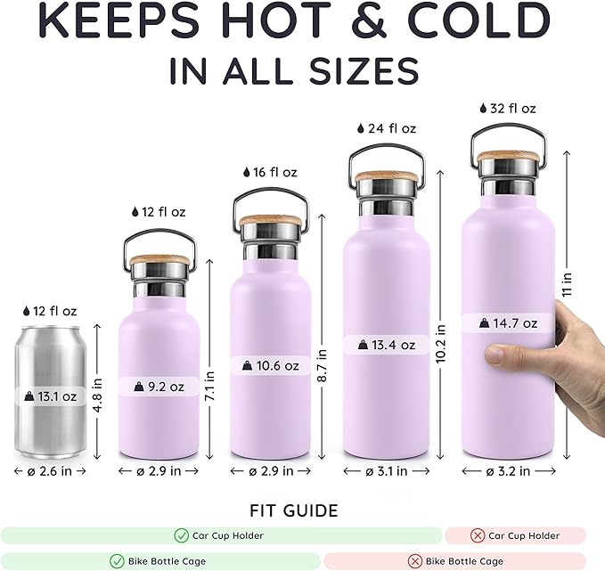 Bambaw Metal Water Bottle 24 oz, Insulated Stainless Steel Water Bottle for Hot & Cold Drinks, Made of High-Grade Stainless Steel, Rust-Resistant & Easy to Clean (Lavender Haze)