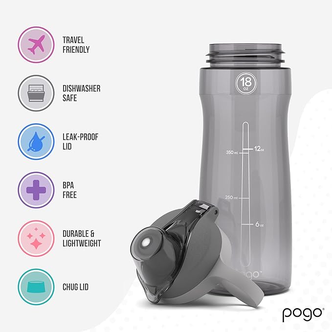 Pogo BPA-Free Tritan Plastic Water Bottle with Chug Lid, 18 Oz, Grey