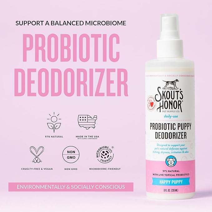 SKOUT'S HONOR Pet Deodorizer Spray- Hydrating Daily-Use with Avocado Oil & Omega-3s, Microbiome Friendly Certiified, Paraben & Sulfate-Free, 97% Natural, 8oz, Happy Puppy, 2-Pack - AquaVibe