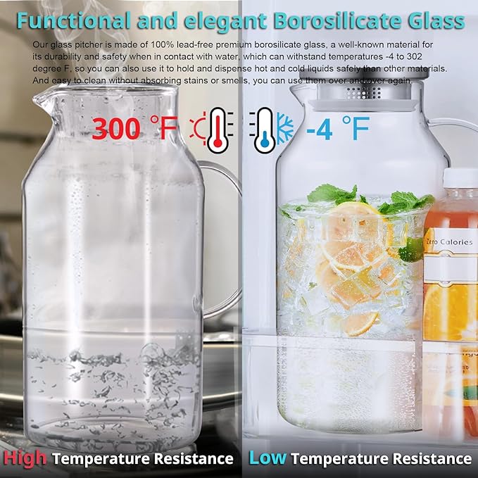 Bivvclaz 1 Gallon Glass Pitcher with Lid and Handle, Glass Water Pitcher for Fridge, Glass Carafe for Hot/Cold Water, Iced Tea Pitcher, Large Jug for Coffee, Juice and Homemade Beverage