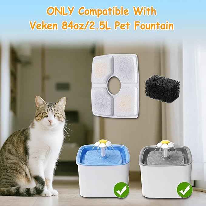16 Pack Replacement Filters & 16 Pack Pre-Filter Sponges for Veken 84 oz / 2.5L Automatic Pet Water Fountain, Triple Filtration Cat Fountain Replacement Filter