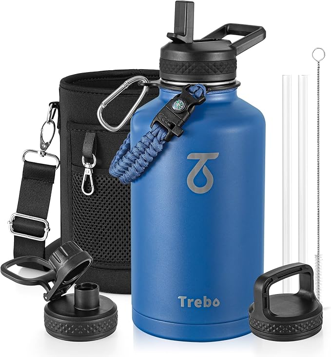 Trebo Water Bottle 64oz with Paracord Handle, Half Gallon Large Vacuum Double Wall Stainless Steel Insulated Water Jug with Holder Strap Straw Spout Lids, Leakproof Keep Cold & Hot,Classic Blue