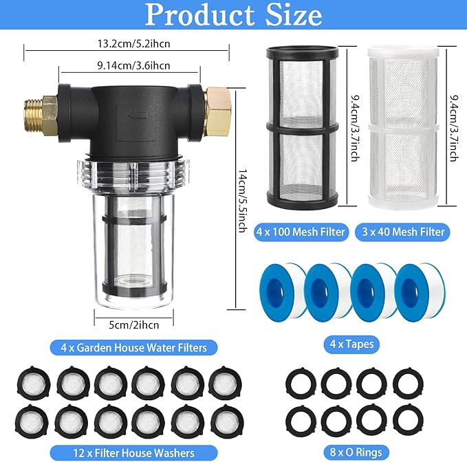 4 Pcs Washing Machine Water Filter with 40 Mesh 100 Mesh Screen Garden Hose Percolator Pressure Washer Percolator Inline Water Sediment Filter for RV Camping Car Wash