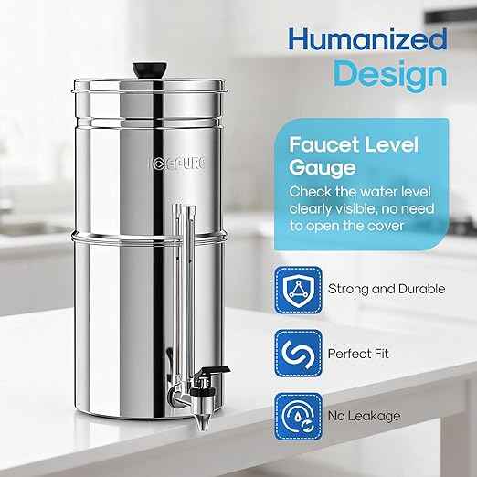 ICEPURE 2.25G Gravity-fed Water Filter System with Sight Glass Spigot, 304 Stainless Steel Countertop System, 2 Black Carbon Filters, Reduce 99% Chlorine, Lead for Home, Camping, Emergencies
