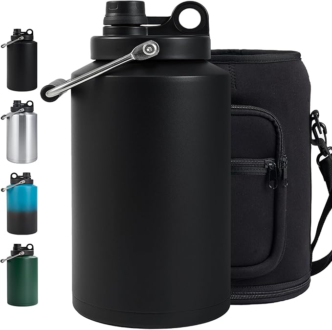Insulated Gallon Jug with Handle, One Gallon, 128oz Stainless Steel, Large Double Vacuum Water Bottle for Cold Drinks, Wide Mouth, Sweat Proof, Carrier bag, Great for Travel, Camping, Black