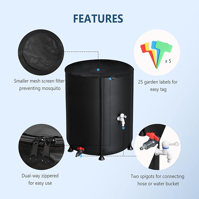 VINGLI Upgraded 50 Gallon Collapsible Rain Barrel, Portable Water Storage Rain Water Collection System, Weather Proof Sturdy Water Tank Water Catcher Container with Filter Spigot Overflow Kit