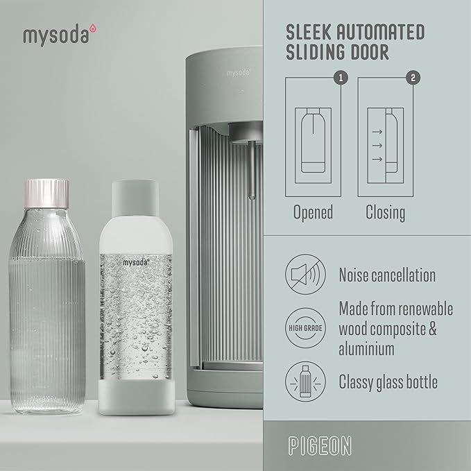 New Mysoda Glassy Design Sparkling Water Maker With 1L Glass & Plastic bottle - Silent Nordic Design Soda Maker Featuring A Sliding Door Opening - No Cylinder Included - Colour Green