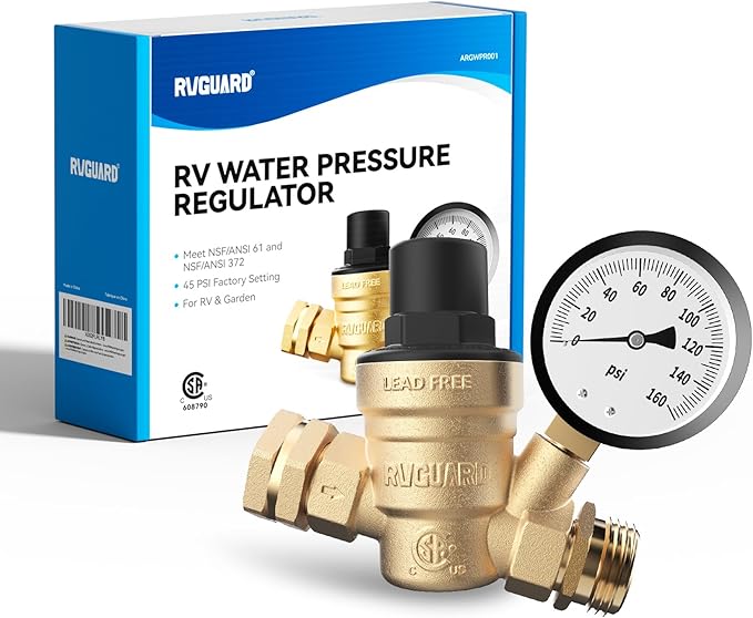 RVGUARD RV Water Pressure Regulator Valve, CSA Approved, Lead-Free Brass Adjustable Water Pressure Reducer with Gauge and Inlet Screen Filter for RV Camper Travel Trailer
