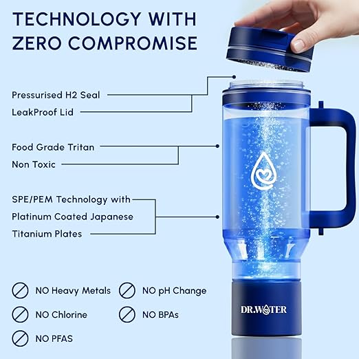 Hydrogen Water Bottle 32 Oz – Portable BPA Free Generator Tumbler with SPE/PEM Technology | Large Hydrogen Flask for Daily Hydration & Energy | H2 Infused Drinking Bottle Blue by Dr Water