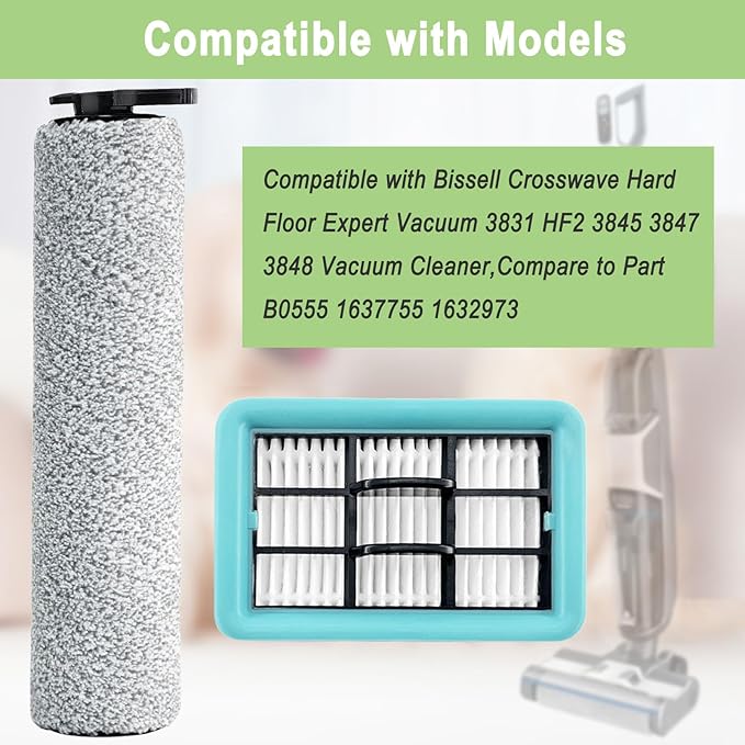 Crosswave Replacement Parts for Bissell Crosswave Hard Floor Expert Vacuum 3831 HF2 3845 3847 3848 Vacuum Cleaner, 2 Brush Rolls,4 Filters,Compare to Part B0555 1637755 1632973 - AquaVibe