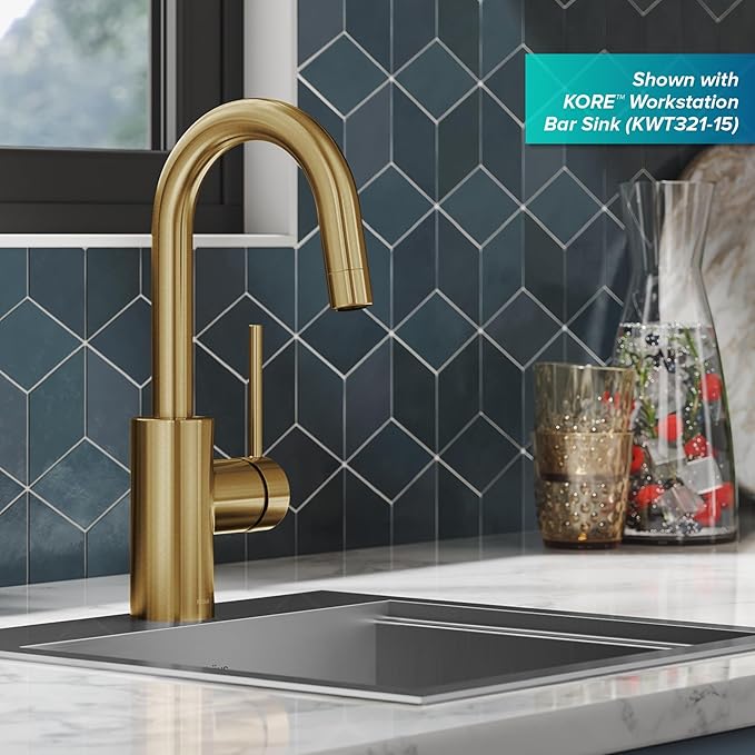 KRAUS Oletto Single Handle Kitchen Bar Faucet with QuickDock Top Mount Assembly in Brushed Brass, KPF-2600BB