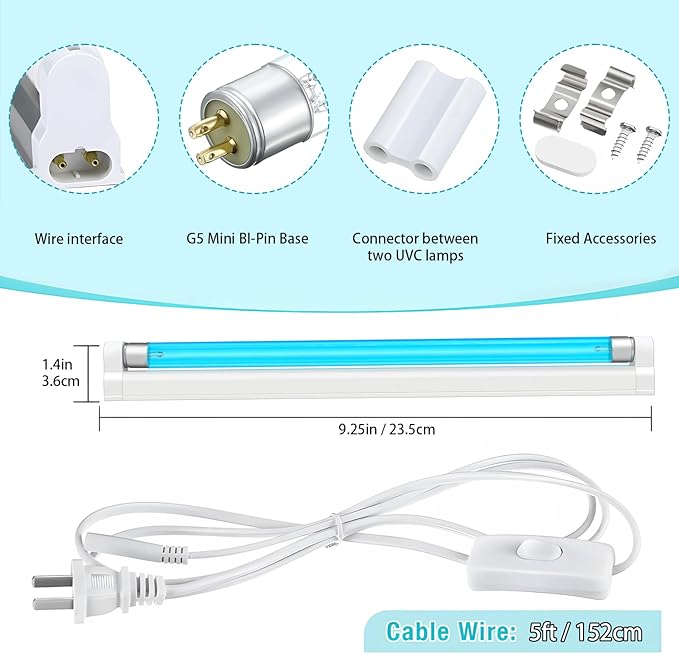 Coospider 6W 2 Pack UV Light Ozone Free,253.7nm Sanitizer Lamp with Cord and Plug, UVC Lamp for Shoes/Closet/Cabinet/Bathroom 110V CTUV-6