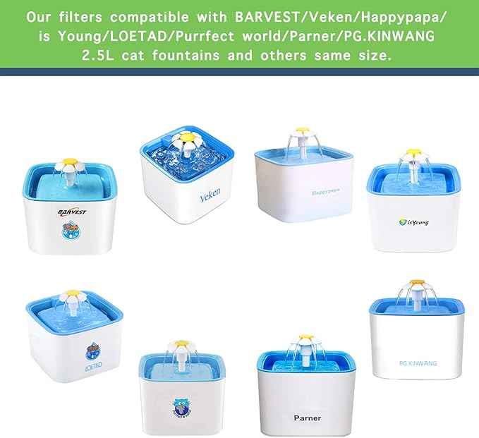 8 Pack Square Filters for Cat Fountain, Compatible with 2.5L Pet Flower Fountains, Ion Exchange Resin and Activated Carbon