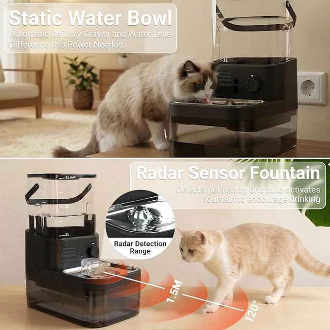 Filterless Cat Water Fountain 3L, Wireless Motion Sensor Cat Water Fountain with 4000mAh Battery, Stainless Steel Cat Bowls, Water Fountain Separate Tanks, Quiet – Black
