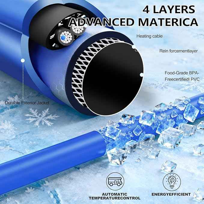 15FT 25T Heated RV Water Hose - Freeze Protection Down to -45°F, Heavy-Duty PVC & Brass Fittings, 1/2" ID Lead-Free Hose for Camping/Poultry Farms