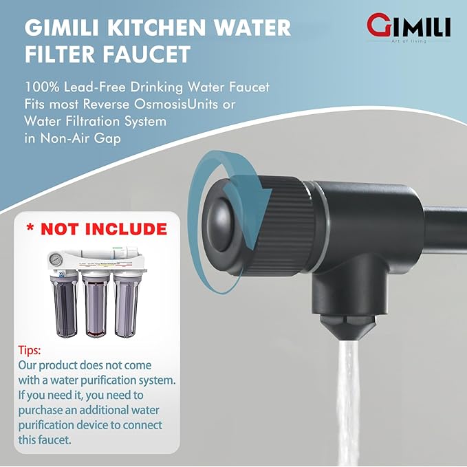 GIMILI Drinking Water Faucet 3 in1 Commercial Style Pull-Down Single Handle Filter Kitchen Faucet for Water Filtration System, Matte Black,Without Water Filtration Device