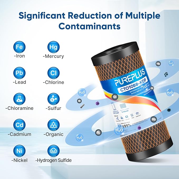 PUREPLUS 5 Micron 10"x4.5" Whole House Water Filter Replacement Bundle 3 Pack – 2× CTO Chlorine Taste Odor Reduction + 1× KDF Heavy Metal Filter – Fits Standard Housings GXWH40L, WFHDC8001, FXHTC