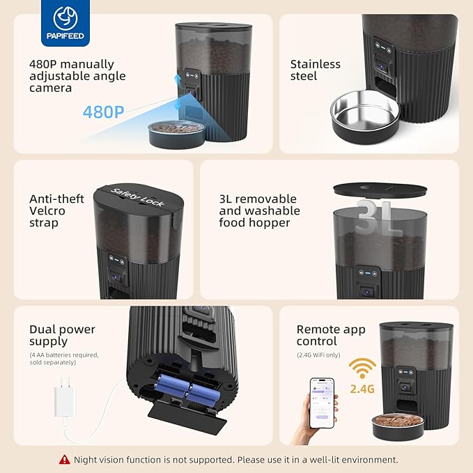 PAPIFEED Automatic Cat Feeder with Camera, Adjustable Angle 2.4G WiFi Pet Feeder 3.5L/15 Cup Timed Dispenser,Timed Feeder for Remote Feeding with Stainless Steel Bowl up to 10 Meals Per Day with APP
