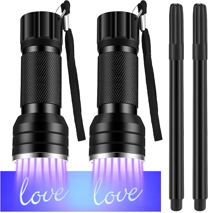 Tegeme 4 Invisible Ink Pen Set 2 Invisible Marker 2 Blacklight Flashlights with UV Black Light Markers Disappearing Ink Pen for Secret Notes Holiday Gifts Favors(21 LED)