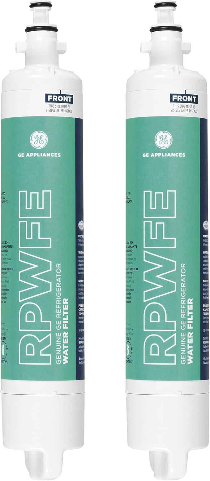 GE RPWFE Refrigerator Water Filter, Genuine Replacement Filter, Certified to Reduce Lead, Sulfur, and 50+ Other Impurities, Replace Every 6 Months for Best Results, Pack of 2