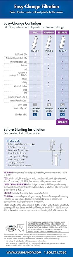 Culligan US 4 EZ-Change Sink Drinking Water Filtration System with Dedicated Faucet and Premium Filter, Single Unit, Chrome