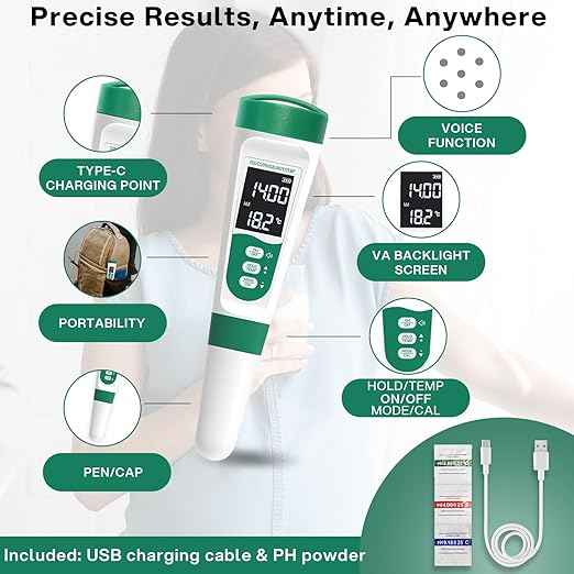 AQUSOFT 5-in-1 Digital PH Meter with Voice Function | High Accuracy PH,TDS,EC,Salinity & Temp Pen | Waterproof & Rechargeable PH Meter for Swimming Pools,Aquariums & Hydroponics | Fast Water Tester