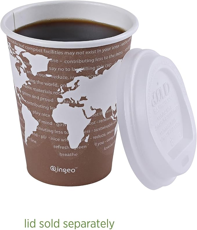 ECO PRODUCTS Compostable Disposable World Art 8oz Small Coffee Cups, Case of 1000, Renewable Hot Paper Cup, Plant Based PLA Lining, Color Coded