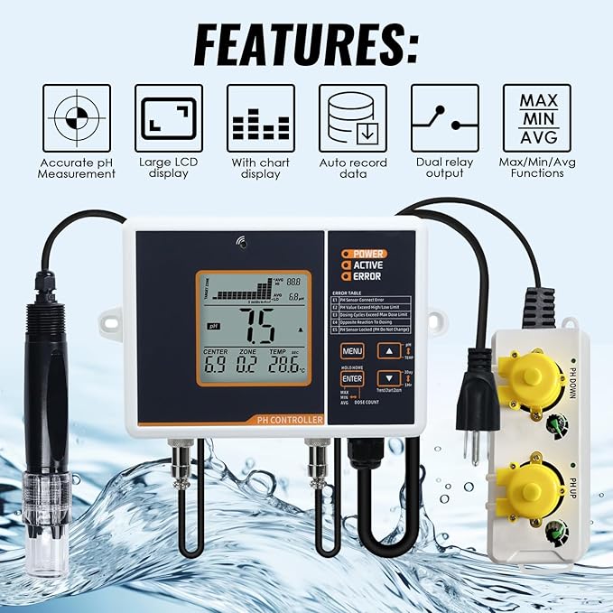 pH Controller with Dual Relay Output & Dosing Pump, Smart Digital pH Monitor pH Meter with Control pH Up and Down, Auto Temperature Compensation, Data Trend Display for Hydroponic System, Aquarium