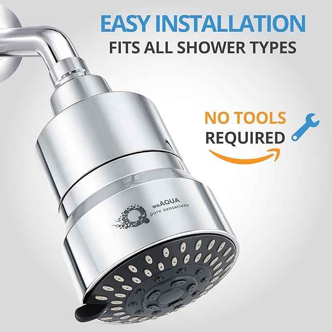 weAQUA Heavy Duty Filtered Shower Head – High Pressure 5 Spray Modes, Dermatologist Recommended for Softer-Feeling Skin & Hair, Advanced 99% Removal of Chlorine, Fluoride & Heavy Metals