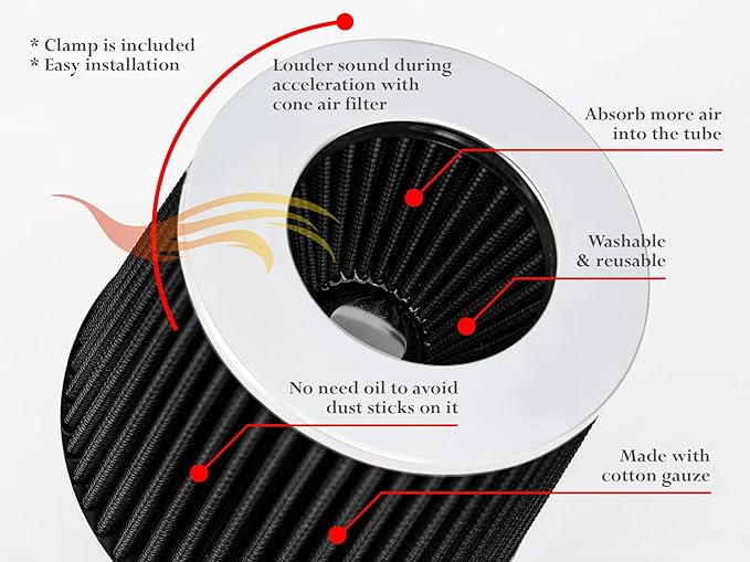 BLACK 6" 152 mm Inlet Short Truck Cold Air Cone Replacement Performance Washable Clamp-On Dry Air Filter (6" Tall)