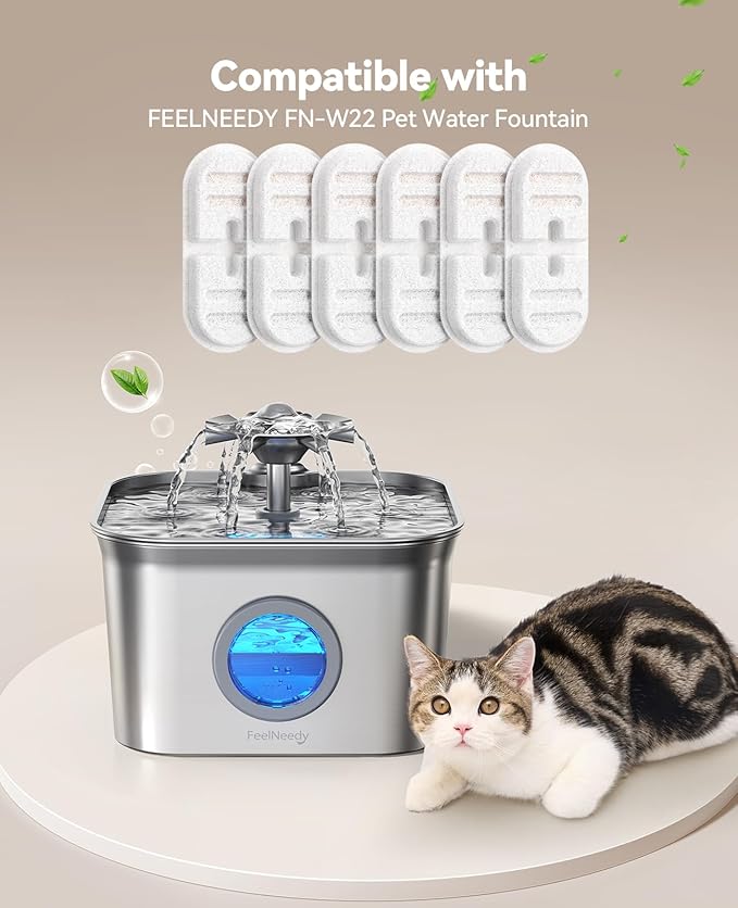 6 Pack New Version Replacement Filters + 6 Pump Sponges for Feelneedy Stainless Steel Cat Water Fountain [FN-W22] - 99oz/2.8L Pet Water Fountain Filters
