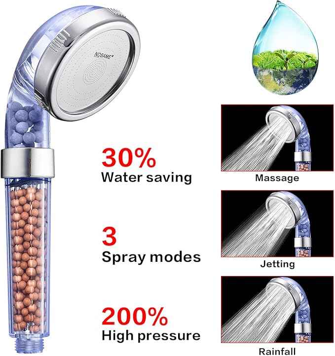 Nosame® Shower Head with Hose and Braket, Filter Filtration High Pressure Water Saving 3 Mode Function Spray Handheld Showerheads for Dry Skin & Hair