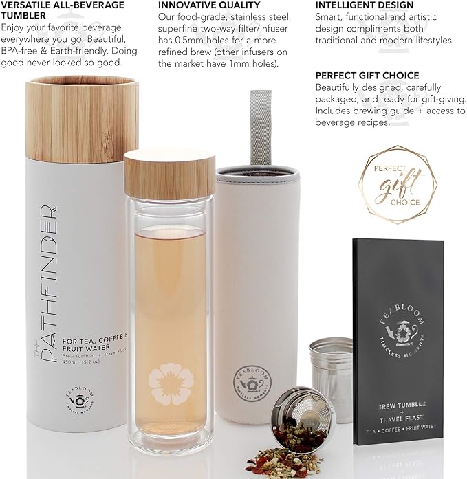 Teabloom All-Beverage Tumbler – 15 oz / 450 ml – Tempered Glass Travel Bottle – Hot and Cold Tea Infuser – Cold-Brew Coffee – Fruit-Infused Water – Tea Tumbler – The Pathfinder