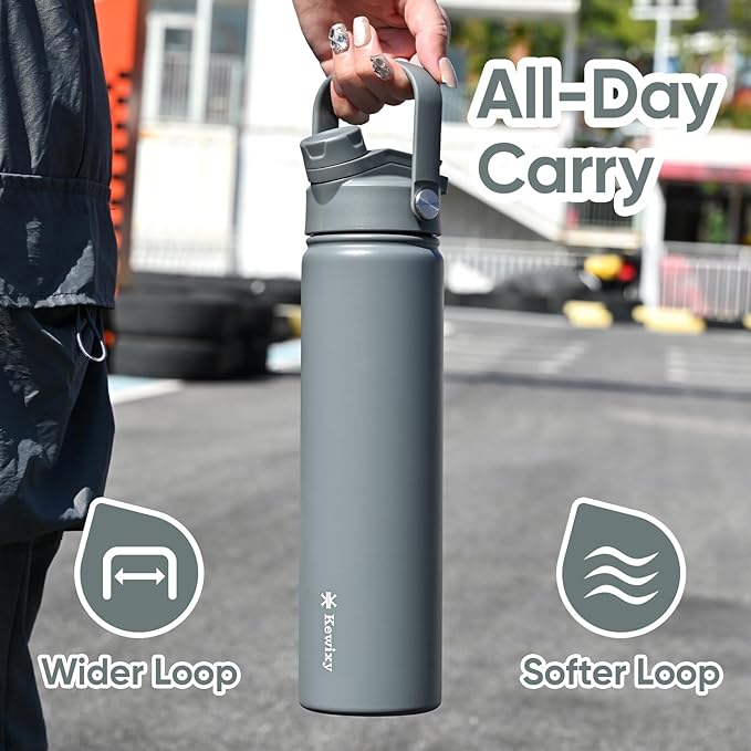 KEWIXY 24 oz Insulated Water Bottle, 2-in-1 Lid, Straw & Spout with Protected, Leak Proof, Keep Cold, Stainless Steel, Metal, Reusable, Handle, for Travel, Gym and School, 2 Lids, Char Gray