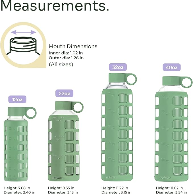 purifyou 40oz / 32oz / 22oz / 12oz Borosilicate Glass Water Bottle with Time & Volume Markers, Silicone Sleeve, Stainless Steel Lid | Reusable Glass Bottle for Water & Juice (12oz Shale Green)