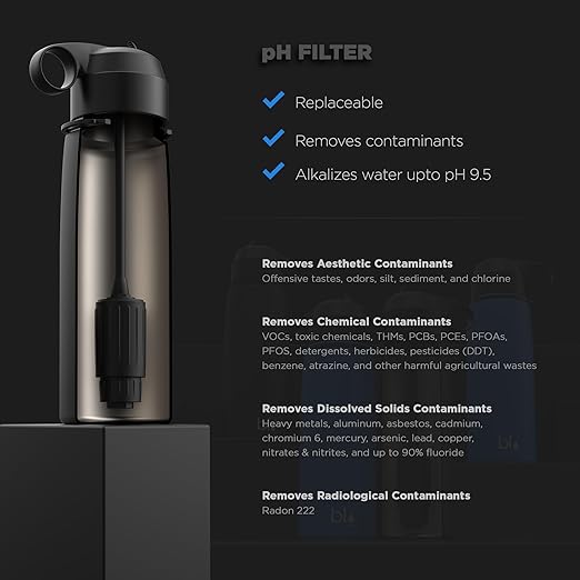 BLU ALL-IN-ONE | Vacuum Insulated Stainless Steel Water Bottle Flask With a pH Filter (26oz) | Made in the USA | Alkaline Water Filter Bottle | Removes 99.99% contaminants (pH - Blue)
