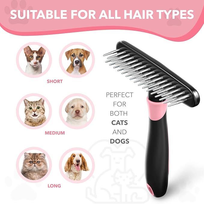 Dog rake deshedding dematting Brush Comb - Undercoat rake for Dogs, Cats, matted, Short,Long Hair Coats - Brush for Shedding, Double Row Stainless Steel pins - Reduce Shedding by 90% (Pink) - AquaVibe