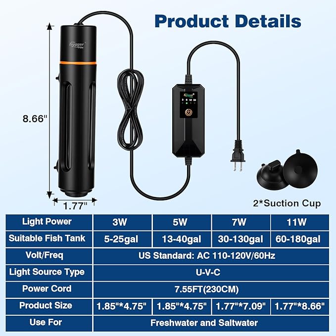 hygger Aquarium U-V Light with Timer, 360° Protective Shield Clean Lamp for Green Water & Algae, Amphibian Small U-V Light for Freshwater & Saltwater Fish Tanks, 11W for 60-180 Gal